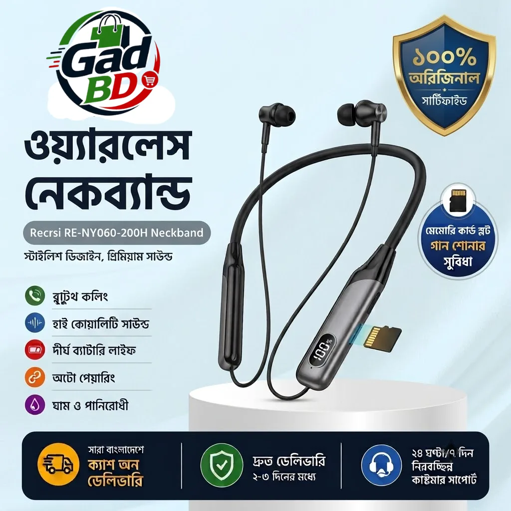 Recrsi RE-NY060 Wireless Bluetooth Neckband with HD Stereo Sound & 200H Standby