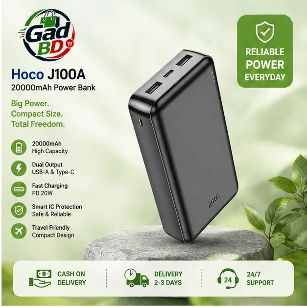 Hoco J100A High-Ranking 20000mAh Power Bank – Dual USB Output Portable Fast Charging External Battery Pack