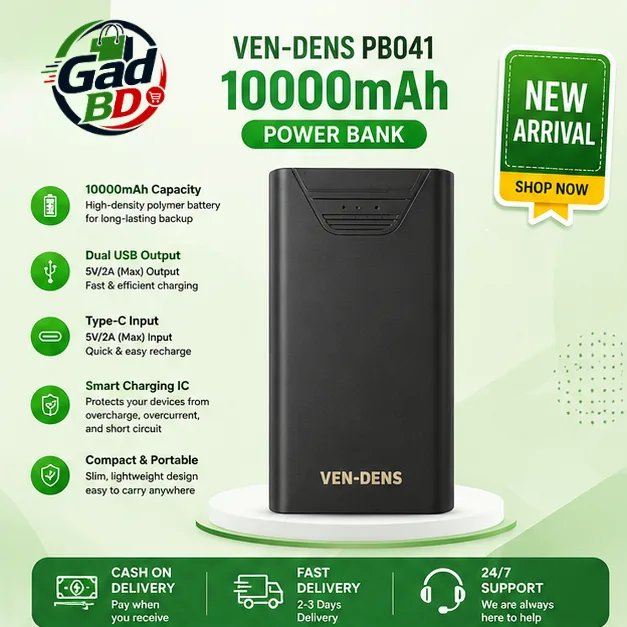 VEN-DENS VD-PB041 10000mAh Power Bank – Dual USB Portable Fast Charging Lithium Polymer Battery Pack