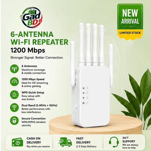 6-Antenna Wi-Fi Repeater 1200Mbps Dual Band Wireless Signal Booster & High-Speed Wi-Fi Range Extender