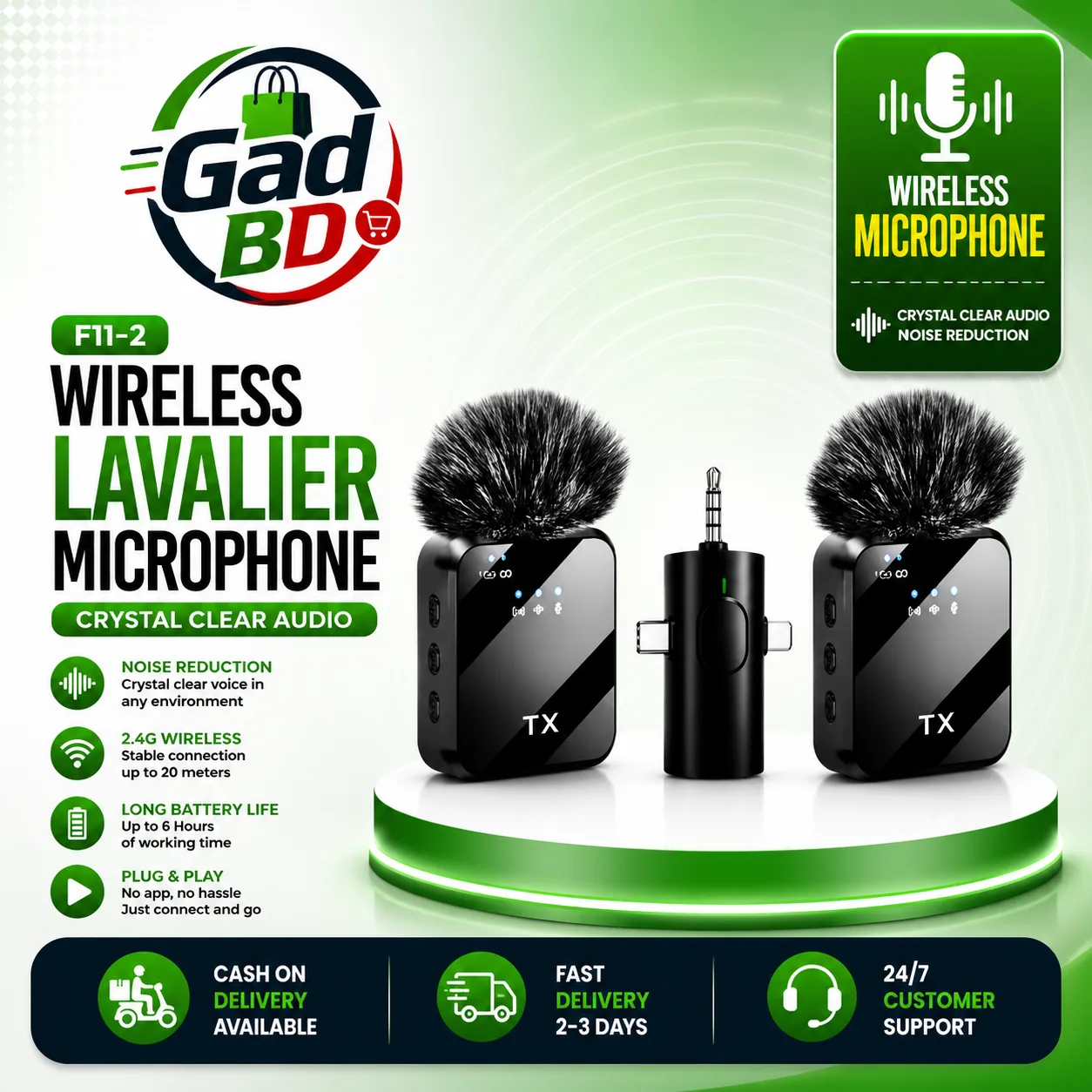 F11-2 Wireless Lavalier Microphone with Noise Reduction & Plug-and-Play Recording