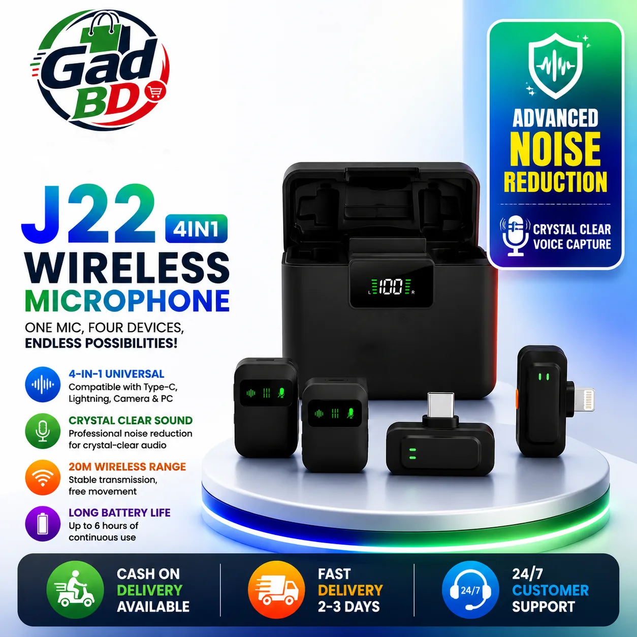 J22 4-in-1 Wireless Lavalier Microphone with Lightning, Type-C, USB & Camera Receiver