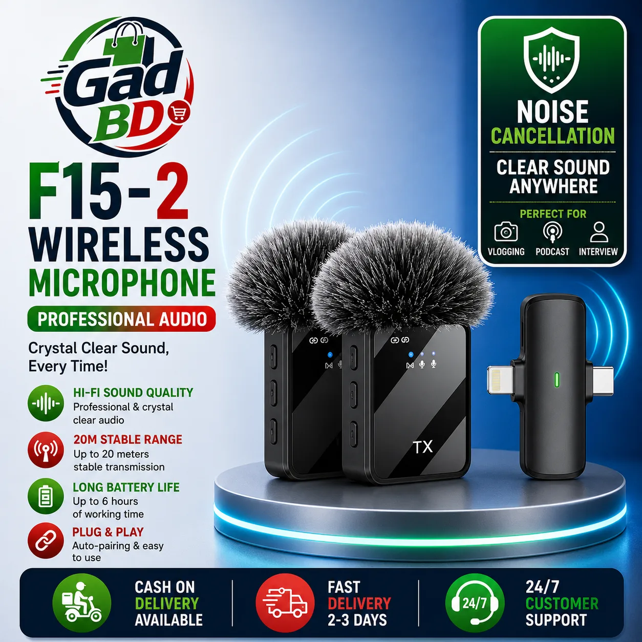 F15-2 Wireless Microphone System with Dual Microphone, Noise Reduction & High-Quality Audio Transmission