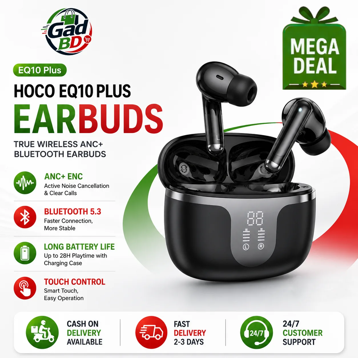 Hoco EQ10 PLUS True Wireless Bluetooth Earbuds with Hi-Fi Stereo Sound, ENC Noise Reduction & Long Battery Life