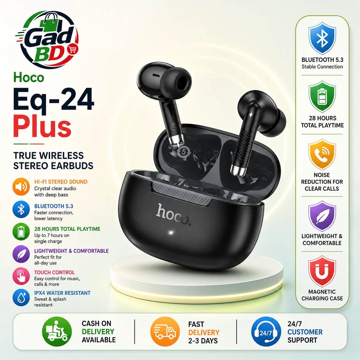 Hoco EQ24 PLUS True Wireless Bluetooth Earbuds with Bluetooth 5.4, Hi-Fi Stereo Sound