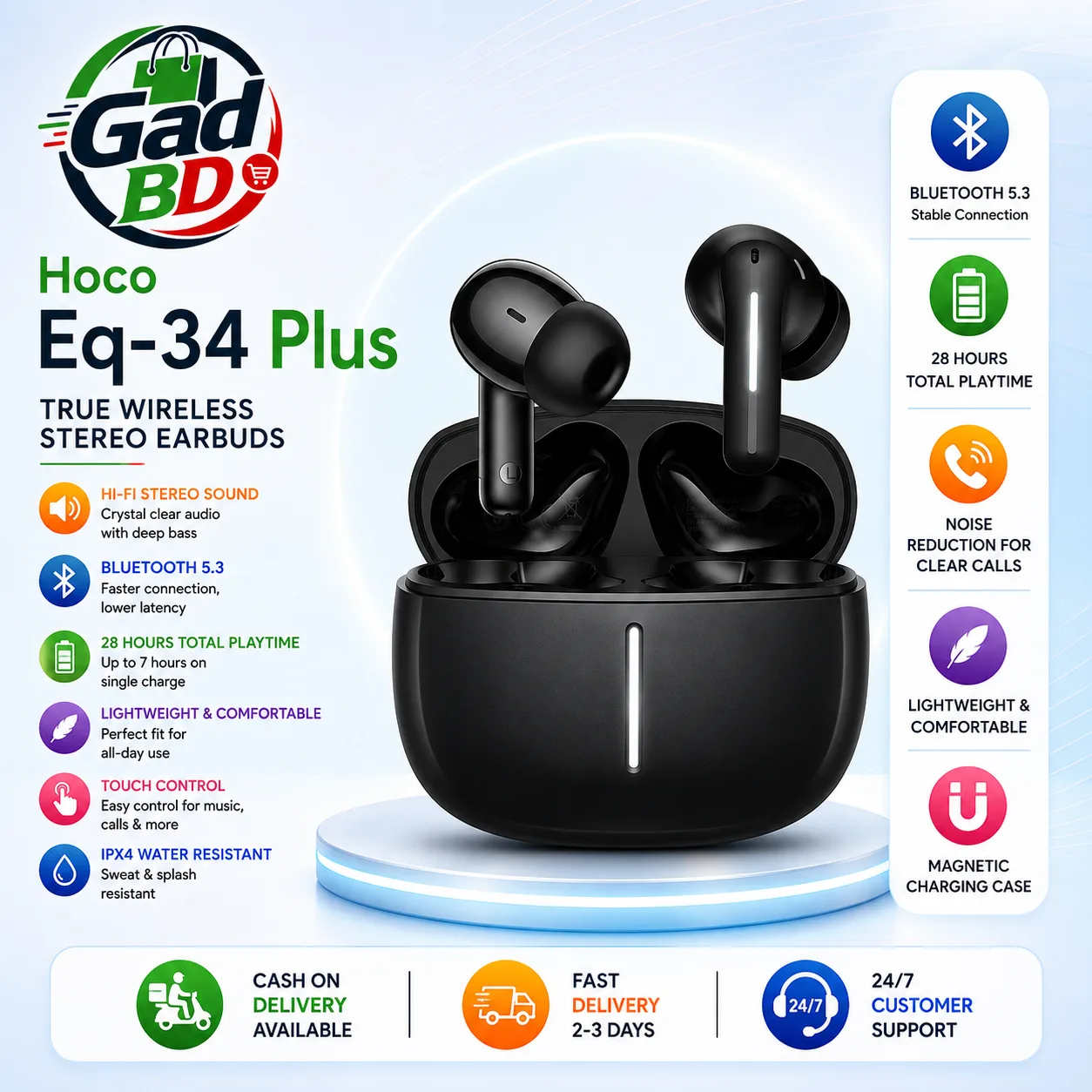 HOCO EQ34 Plus TWS Earbuds – Immersive Sound, ENC Noise Reduction & Ultra-Stable Bluetooth 5.4
