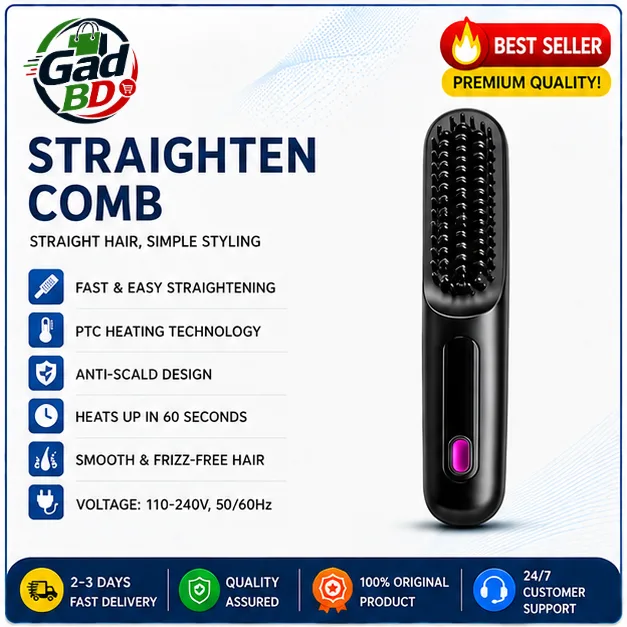 Portable USB Rechargeable Hair Straightening Comb with PTC Fast Heating & Ceramic Anti-Scald Technology