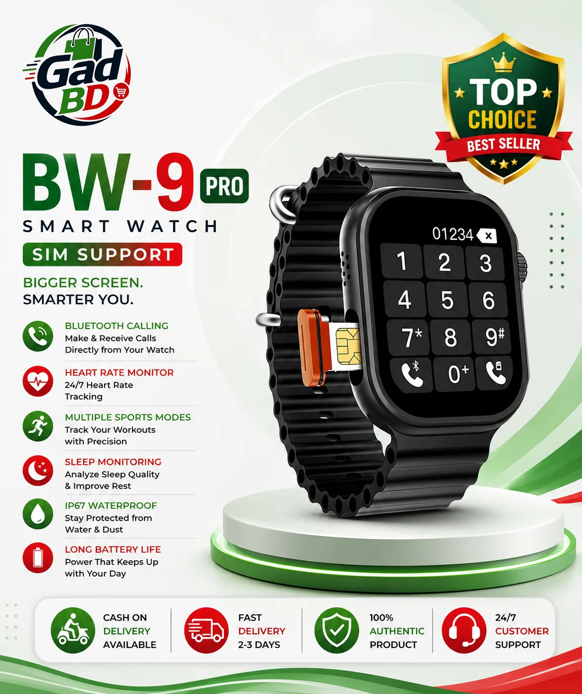 BW9 Pro CamSim Smart Watch with HD Display, Bluetooth Calling & Health Monitoring