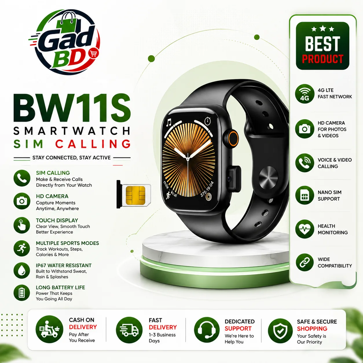 BW11 4G Smart Watch with SIM Calling, Pop-Up Camera & 2.01" HD Touch Display