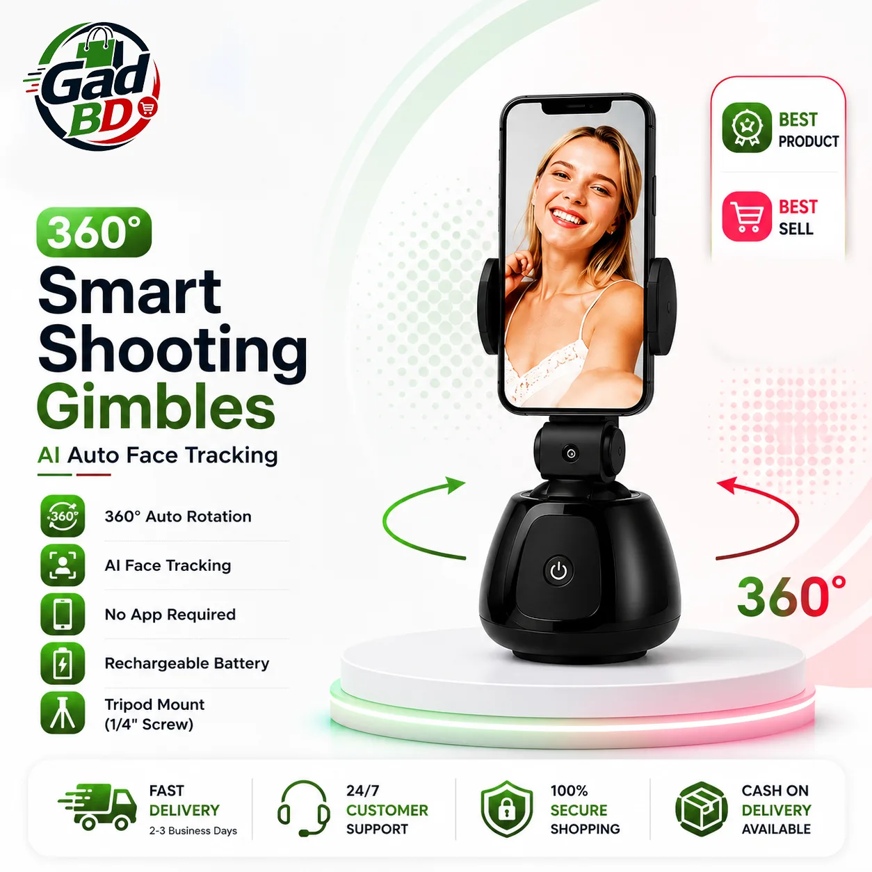 360° Smart Shooting Gimbal Auto Face Tracking Phone Holder with AI Motion Tracking & Gesture Control