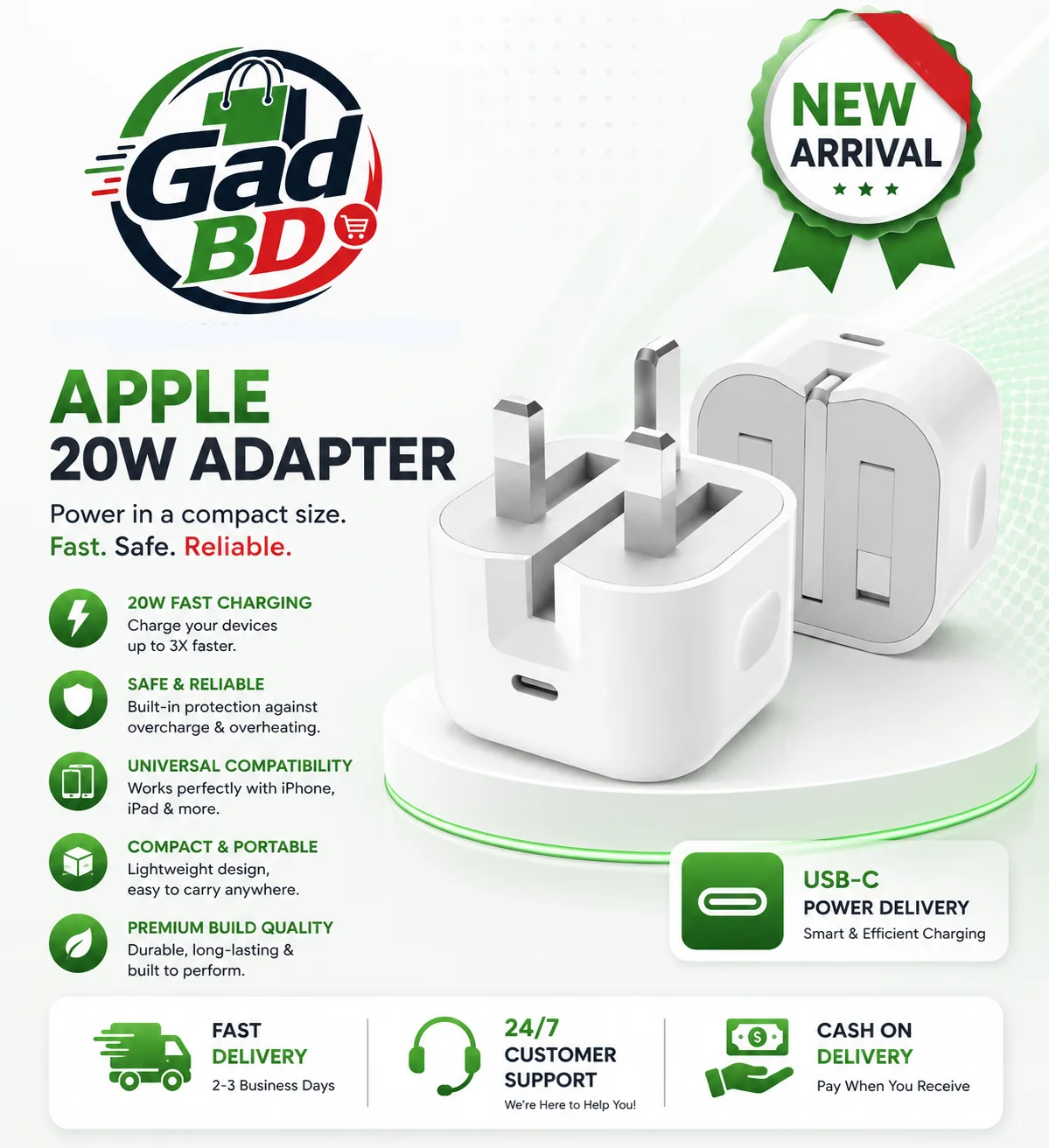 Apple 20W USB-C 3-Pin Fast Charging Power Adapter for iPhone, iPad & USB-C Devices