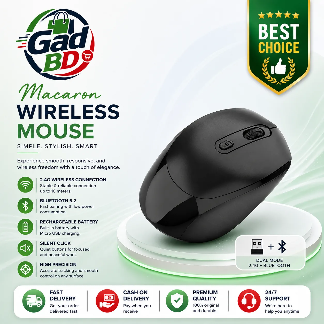 Macaron Dual Mode Wireless Rechargeable Mouse with 2.4G & Bluetooth Connectivity