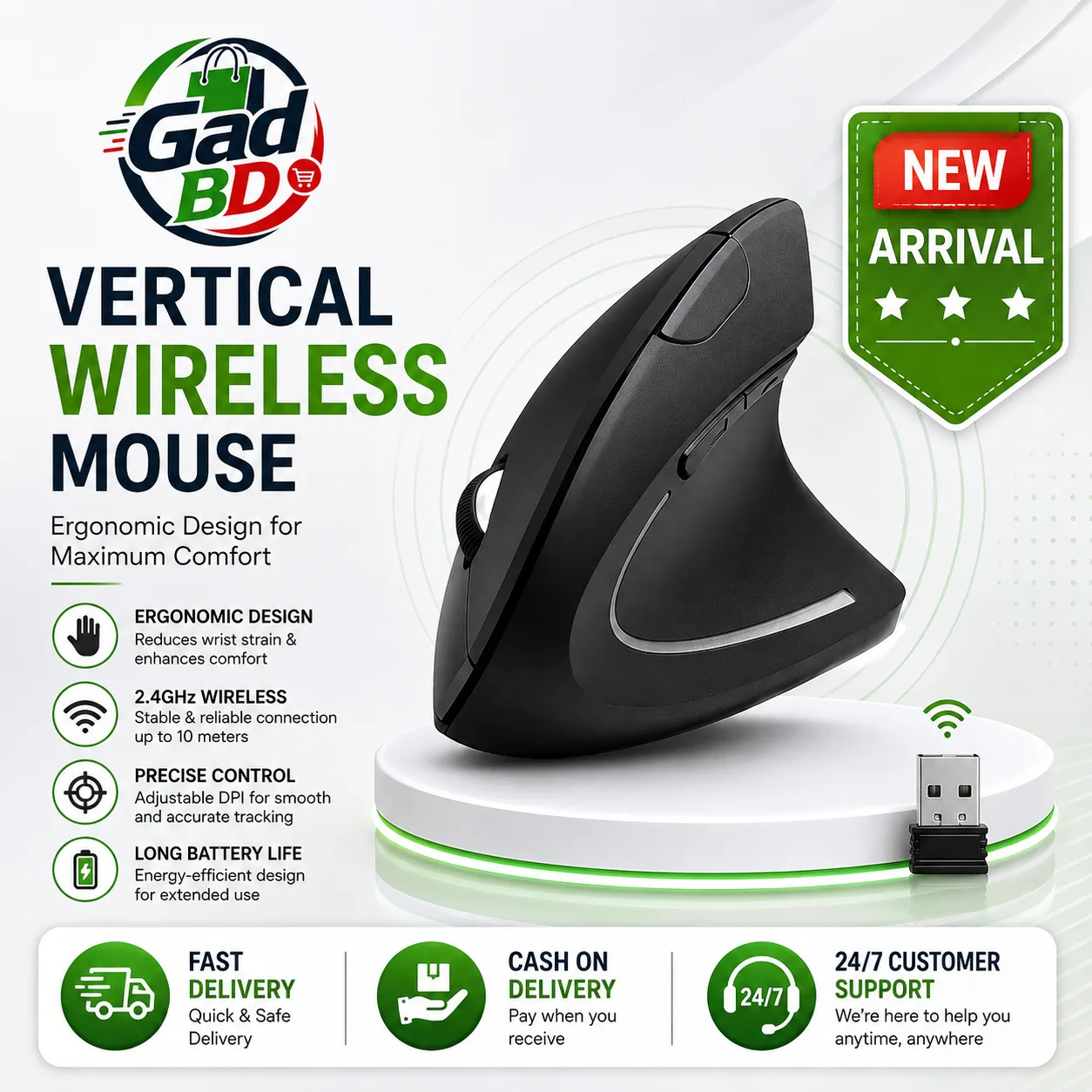 Vertical Wireless Mouse with Comfortable Hand Position & Smooth Everyday Control